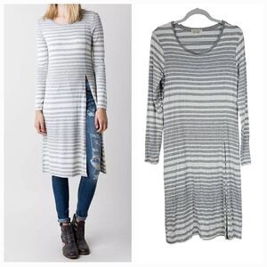 Love on a Hanger M/L Grey Striped Maxi Top Long Side Slit Tunic Casual Tee Shirt